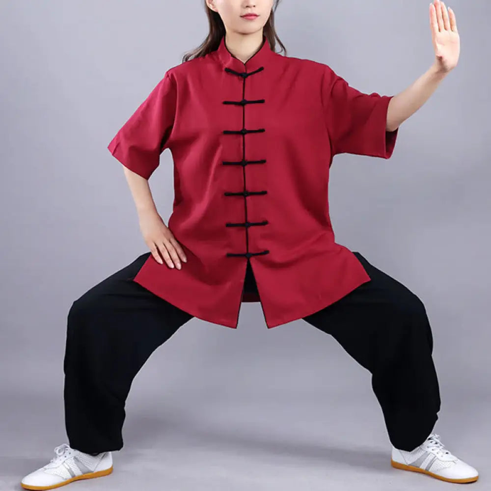 BWOOOH 2Pcs Fall Winter Frog-Button Tai Chi Meditation Qigong Zen Practice Unisex Cotton Linen Clothing Set - Short