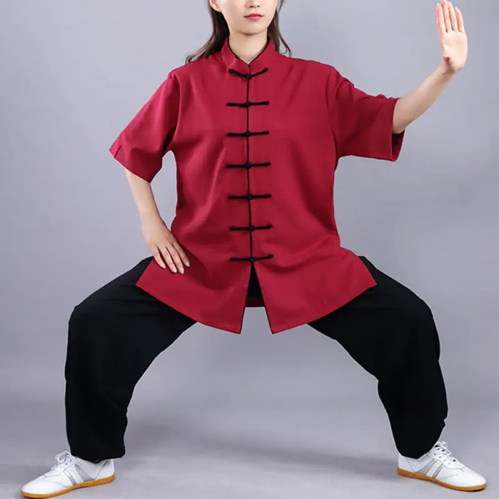 BWOOOH 2Pcs Fall Winter Frog-Button Tai Chi Meditation Qigong Zen Practice Unisex Cotton Linen Clothing Set - Short