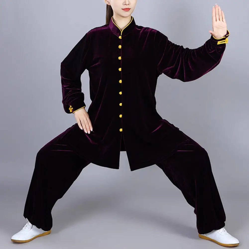 BWOOOH 2Pcs Fall Winter Tai Chi Meditation Qigong Zen Practice Unisex Velour Plush Clothing Set - DarkMagenta / XS-FIT