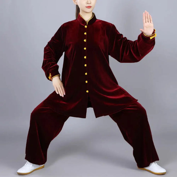 BWOOOH 2Pcs Fall Winter Tai Chi Meditation Qigong Zen Practice Unisex Velour Plush Clothing Set - DarkRed / XS-FIT FOR