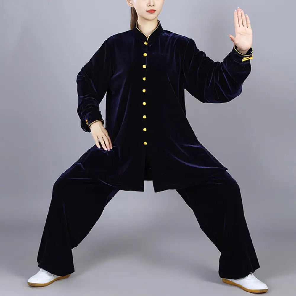 BWOOOH 2Pcs Fall Winter Tai Chi Meditation Qigong Zen Practice Unisex Velour Plush Clothing Set - MidnightBlue / XS-FIT