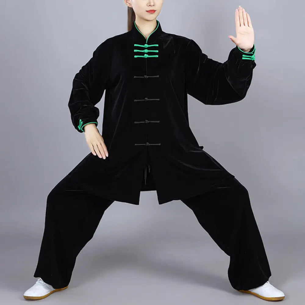 BWOOOH 2Pcs Fall Winter Tai Chi Qigong Practice Unisex Frog-Button Meditation Velour Clothing Set - Black / XS-FIT FOR