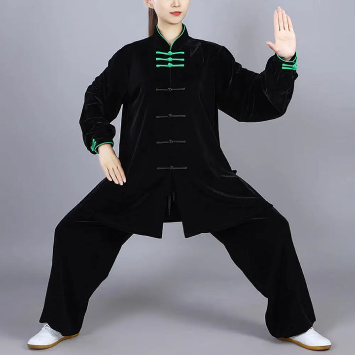 BWOOOH 2Pcs Fall Winter Tai Chi Qigong Practice Unisex Frog-Button Meditation Velour Clothing Set - Black / XS-FIT FOR