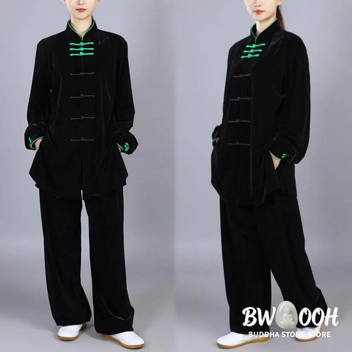 BWOOOH 2Pcs Fall Winter Tai Chi Qigong Practice Unisex Frog-Button Meditation Velour Clothing Set - Unisex Meditation