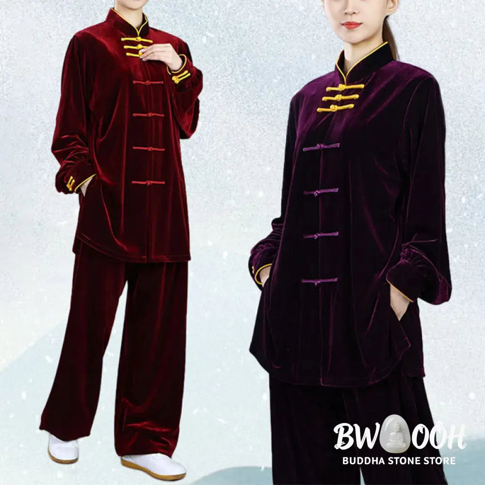 BWOOOH 2Pcs Fall Winter Tai Chi Qigong Practice Unisex Frog-Button Meditation Velour Clothing Set - Unisex Meditation