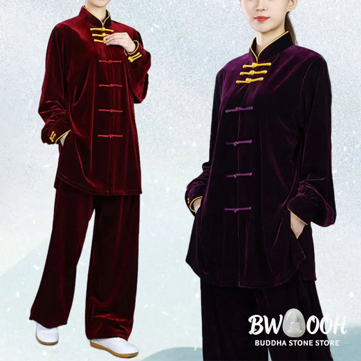 BWOOOH 2Pcs Fall Winter Tai Chi Qigong Practice Unisex Frog-Button Meditation Velour Clothing Set - Unisex Meditation