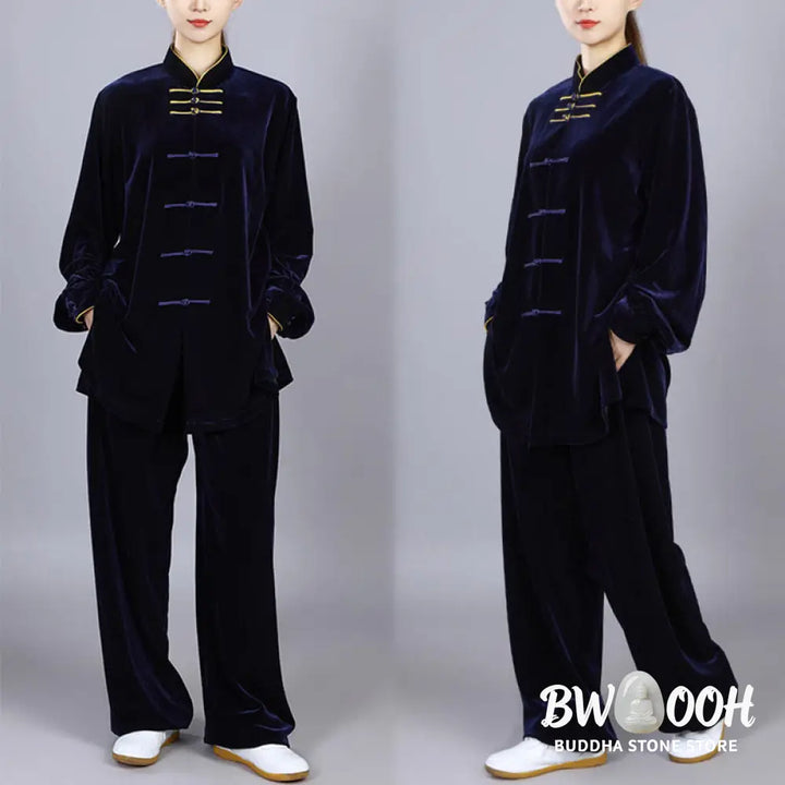 BWOOOH 2Pcs Fall Winter Tai Chi Qigong Practice Unisex Frog-Button Meditation Velour Clothing Set - Unisex Meditation
