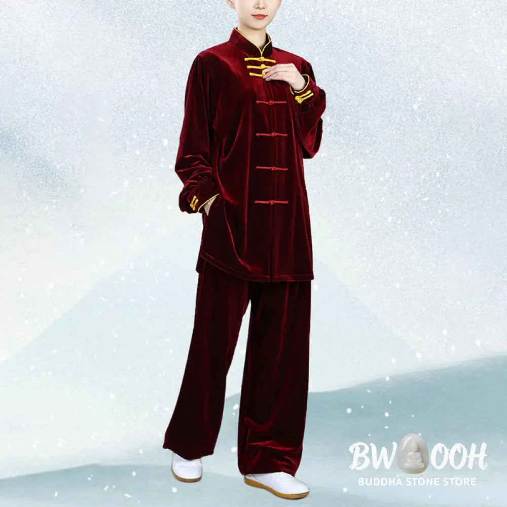 BWOOOH 2Pcs Fall Winter Tai Chi Qigong Practice Unisex Frog-Button Meditation Velour Clothing Set - Unisex Meditation