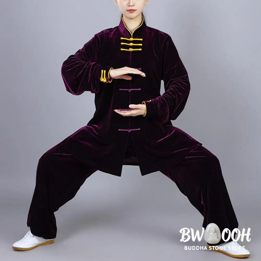 BWOOOH 2Pcs Fall Winter Tai Chi Qigong Practice Unisex Frog-Button Meditation Velour Clothing Set - Unisex Meditation
