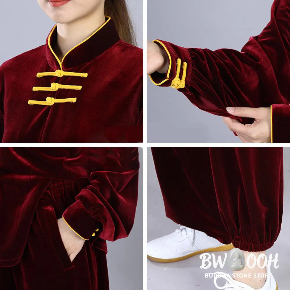 BWOOOH 2Pcs Fall Winter Tai Chi Qigong Practice Unisex Frog-Button Meditation Velour Clothing Set - Unisex Meditation