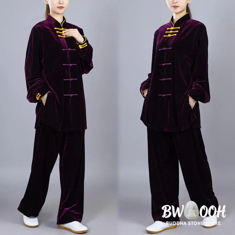 BWOOOH 2Pcs Fall Winter Tai Chi Qigong Practice Unisex Frog-Button Meditation Velour Clothing Set - Unisex Meditation