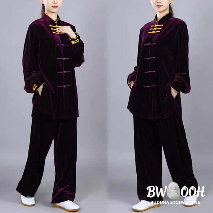 BWOOOH 2Pcs Fall Winter Tai Chi Qigong Practice Unisex Frog-Button Meditation Velour Clothing Set - Unisex Meditation