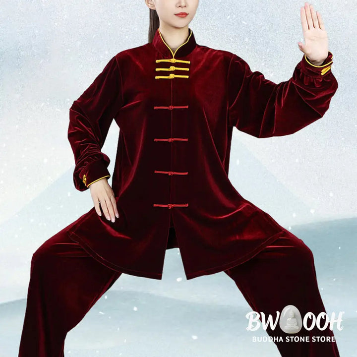 BWOOOH 2Pcs Fall Winter Tai Chi Qigong Practice Unisex Frog-Button Meditation Velour Clothing Set - Unisex Meditation