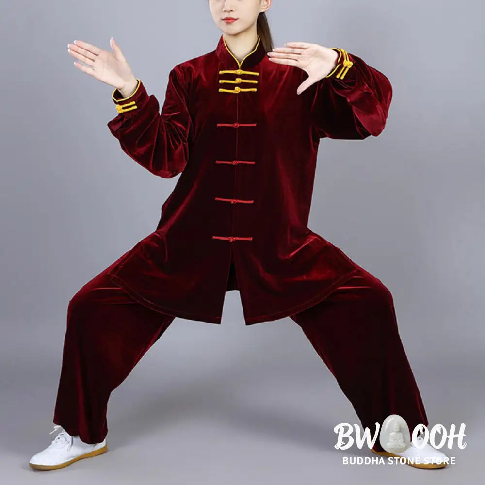 BWOOOH 2Pcs Fall Winter Tai Chi Qigong Practice Unisex Frog-Button Meditation Velour Clothing Set - Unisex Meditation