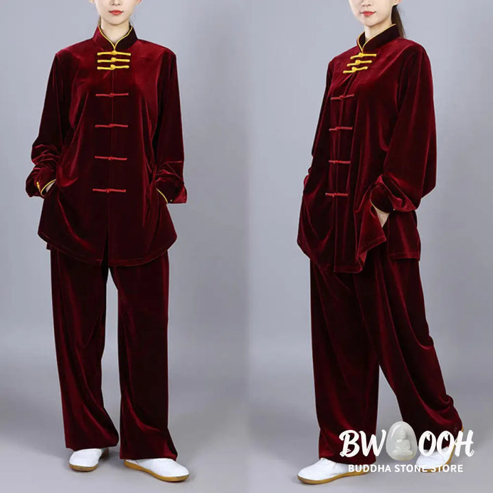 BWOOOH 2Pcs Fall Winter Tai Chi Qigong Practice Unisex Frog-Button Meditation Velour Clothing Set - Unisex Meditation