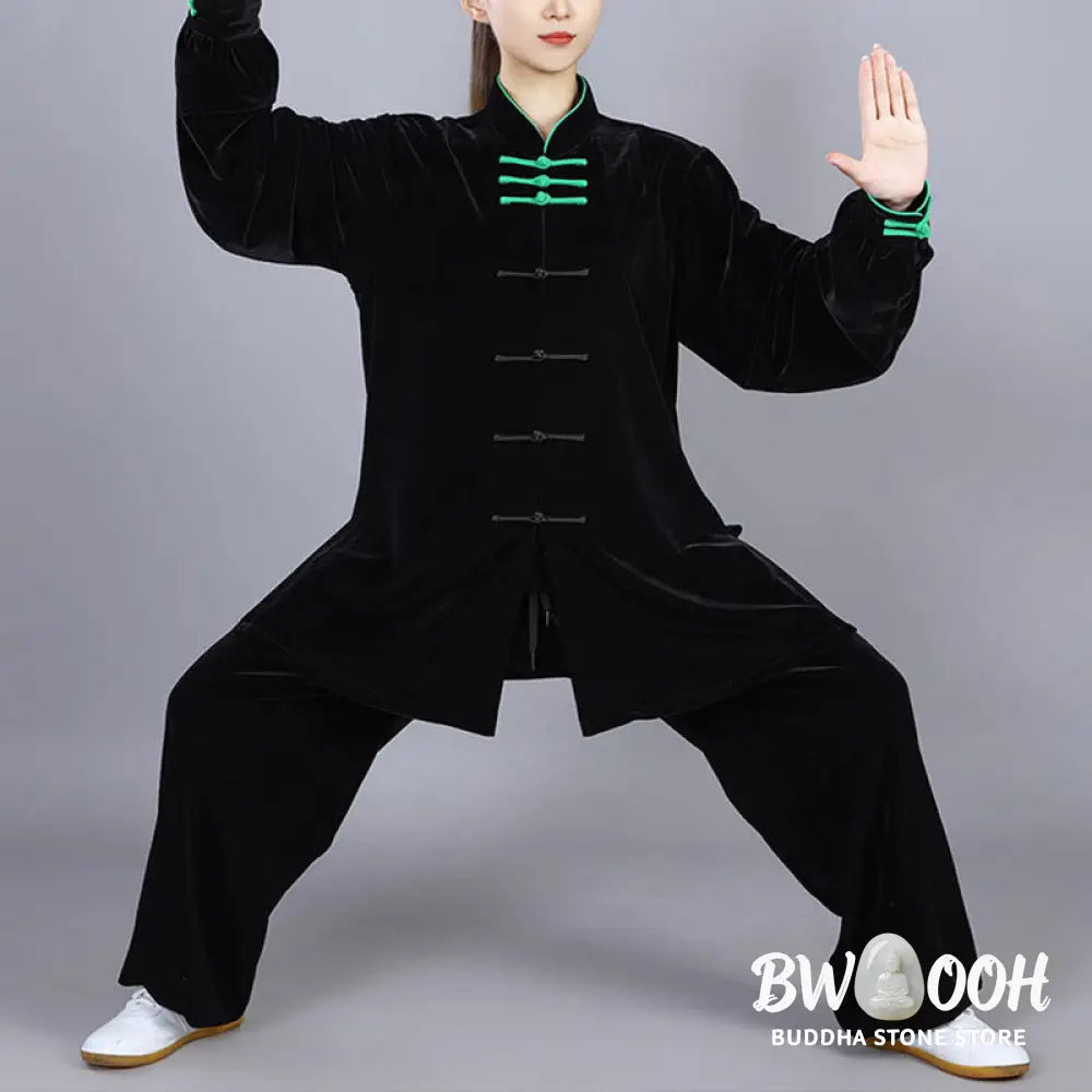 BWOOOH 2Pcs Fall Winter Tai Chi Qigong Practice Unisex Frog-Button Meditation Velour Clothing Set - Unisex Meditation