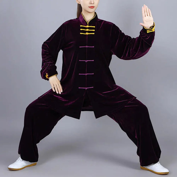 BWOOOH 2Pcs Fall Winter Tai Chi Qigong Practice Unisex Frog-Button Meditation Velour Clothing Set - DarkMagenta