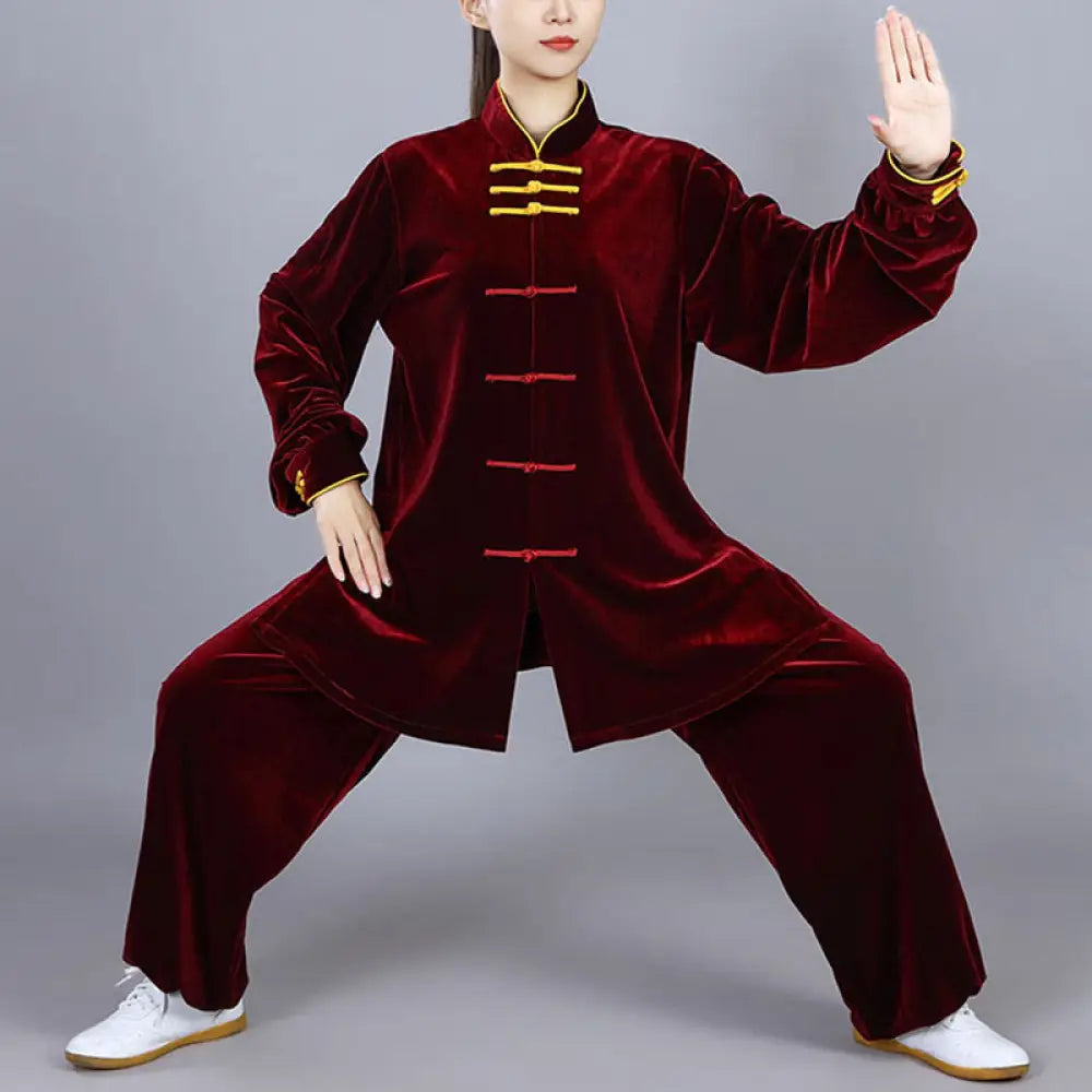 BWOOOH 2Pcs Fall Winter Tai Chi Qigong Practice Unisex Frog-Button Meditation Velour Clothing Set - DarkRed / XS-FIT