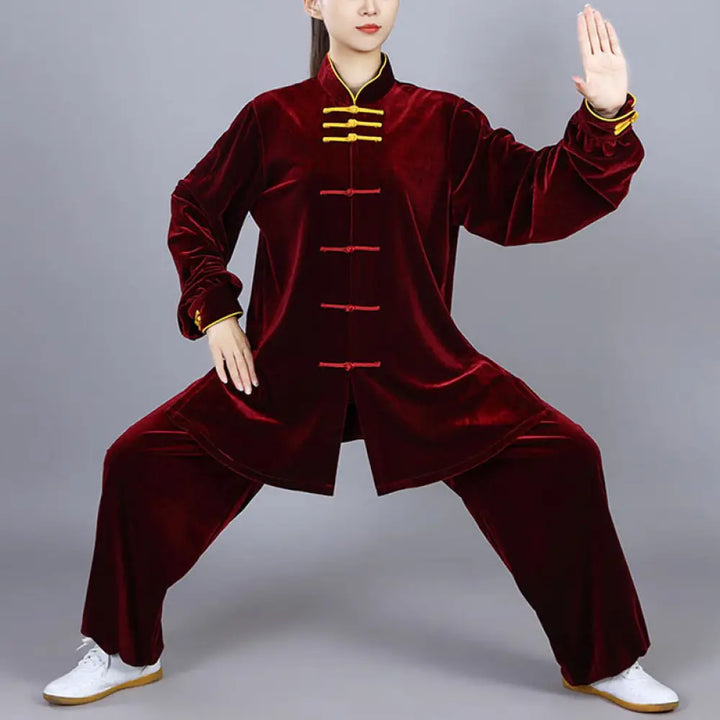BWOOOH 2Pcs Fall Winter Tai Chi Qigong Practice Unisex Frog-Button Meditation Velour Clothing Set - DarkRed / XS-FIT
