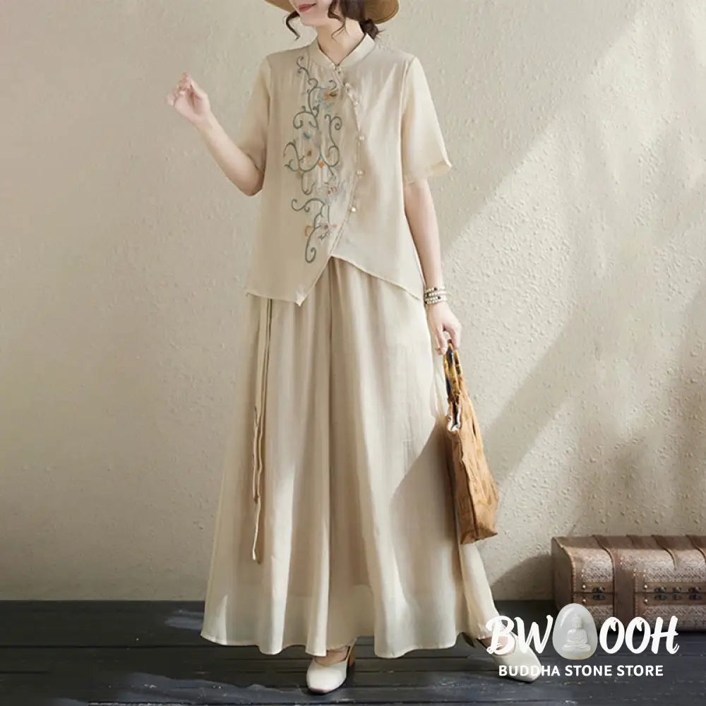 BWOOOH 2Pcs Flower Embroidery Short Sleeve Tee T-shirt Wide Leg Pants Set - 2-Piece Outfit