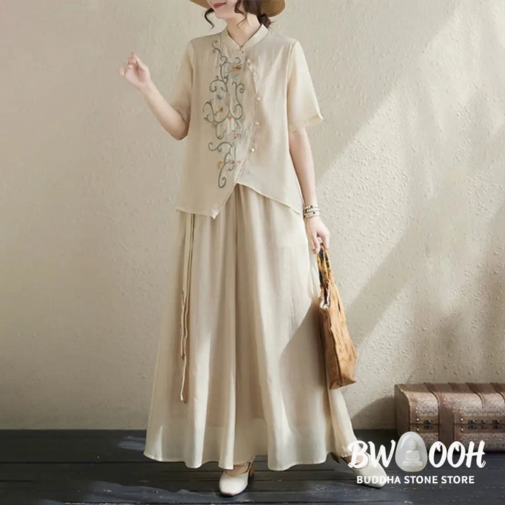 BWOOOH 2Pcs Flower Embroidery Short Sleeve Tee T-shirt Wide Leg Pants Set - 2-Piece Outfit