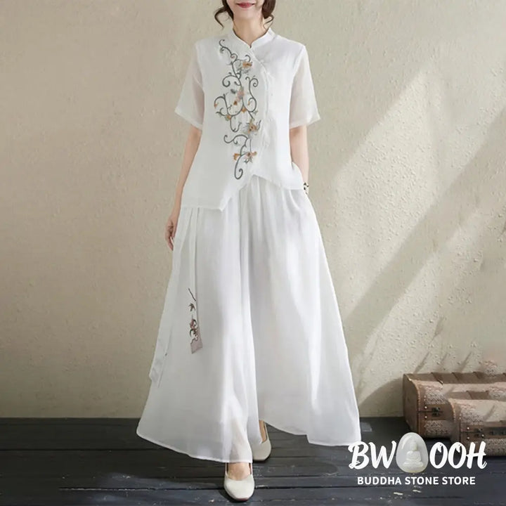 BWOOOH 2Pcs Flower Embroidery Short Sleeve Tee T-shirt Wide Leg Pants Set - 2-Piece Outfit