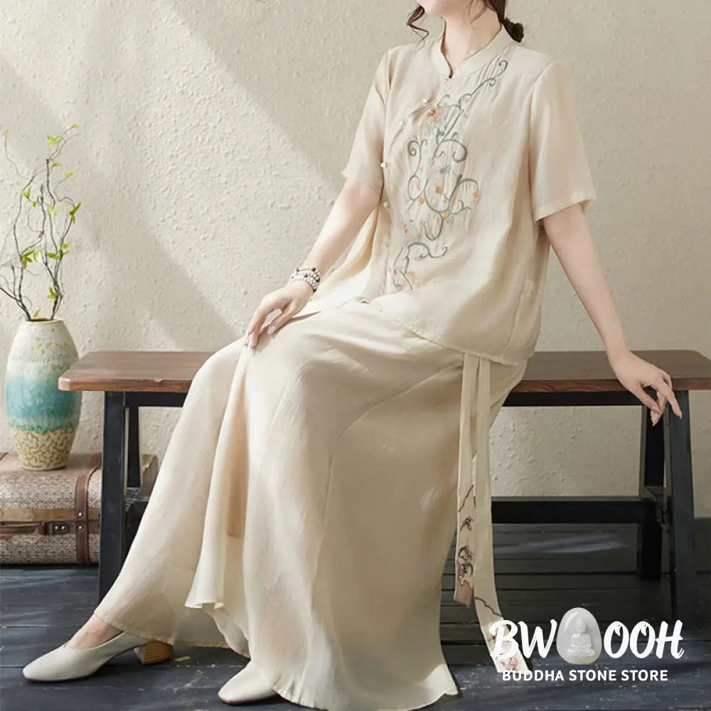 BWOOOH 2Pcs Flower Embroidery Short Sleeve Tee T-shirt Wide Leg Pants Set - 2-Piece Outfit