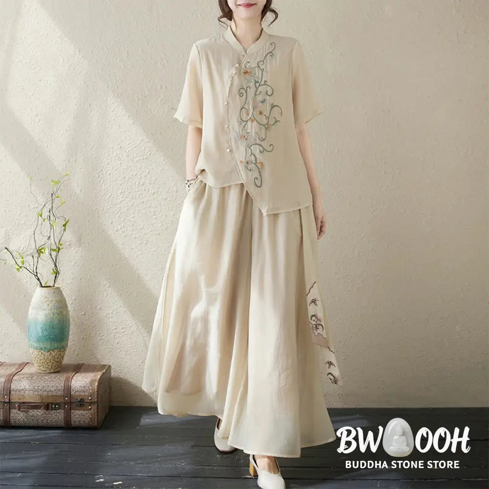 BWOOOH 2Pcs Flower Embroidery Short Sleeve Tee T-shirt Wide Leg Pants Set - 2-Piece Outfit