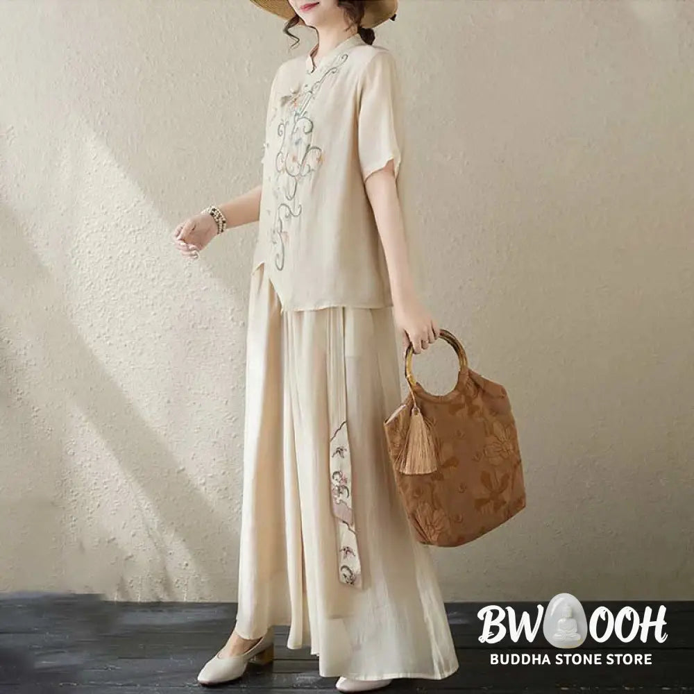 BWOOOH 2Pcs Flower Embroidery Short Sleeve Tee T-shirt Wide Leg Pants Set - 2-Piece Outfit