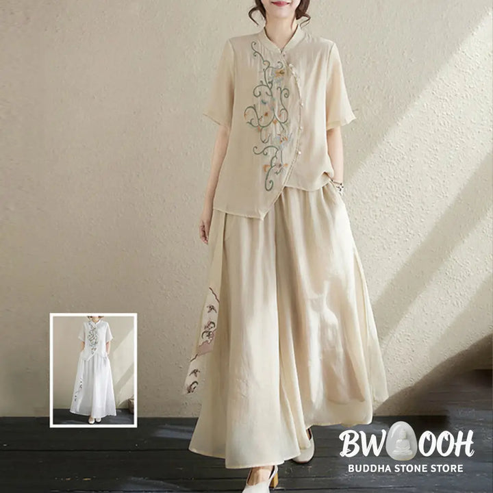BWOOOH 2Pcs Flower Embroidery Short Sleeve Tee T-shirt Wide Leg Pants Set - 2-Piece Outfit
