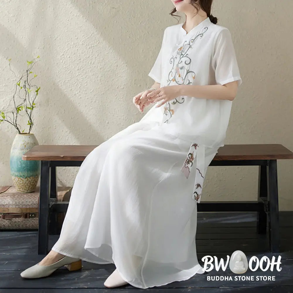 BWOOOH 2Pcs Flower Embroidery Short Sleeve Tee T-shirt Wide Leg Pants Set - 2-Piece Outfit