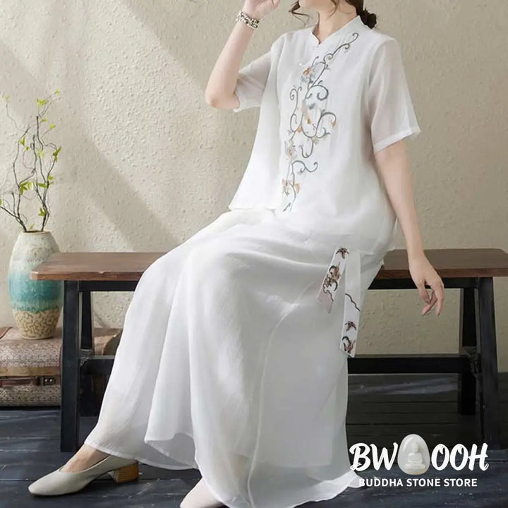 BWOOOH 2Pcs Flower Embroidery Short Sleeve Tee T-shirt Wide Leg Pants Set - 2-Piece Outfit