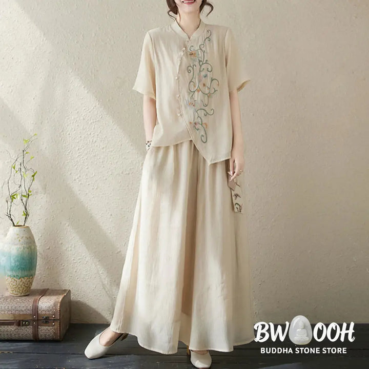 BWOOOH 2Pcs Flower Embroidery Short Sleeve Tee T-shirt Wide Leg Pants Set - 2-Piece Outfit