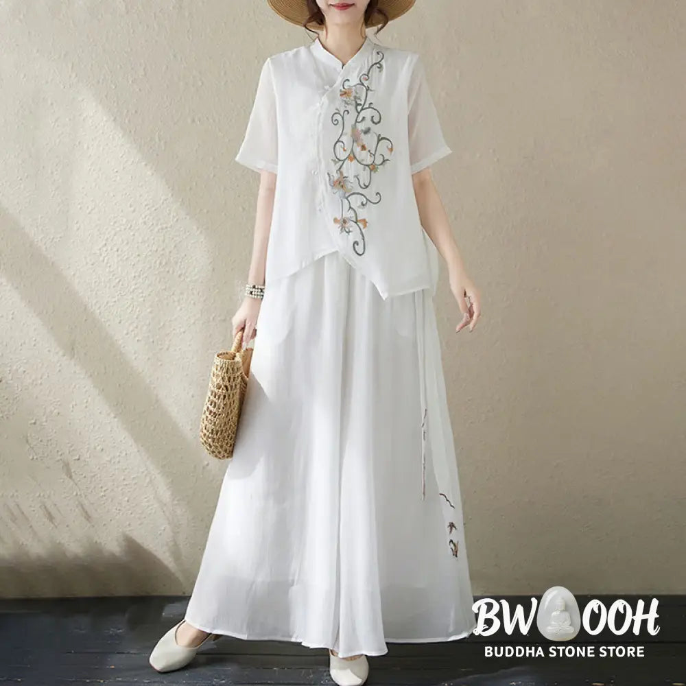 BWOOOH 2Pcs Flower Embroidery Short Sleeve Tee T-shirt Wide Leg Pants Set - 2-Piece Outfit