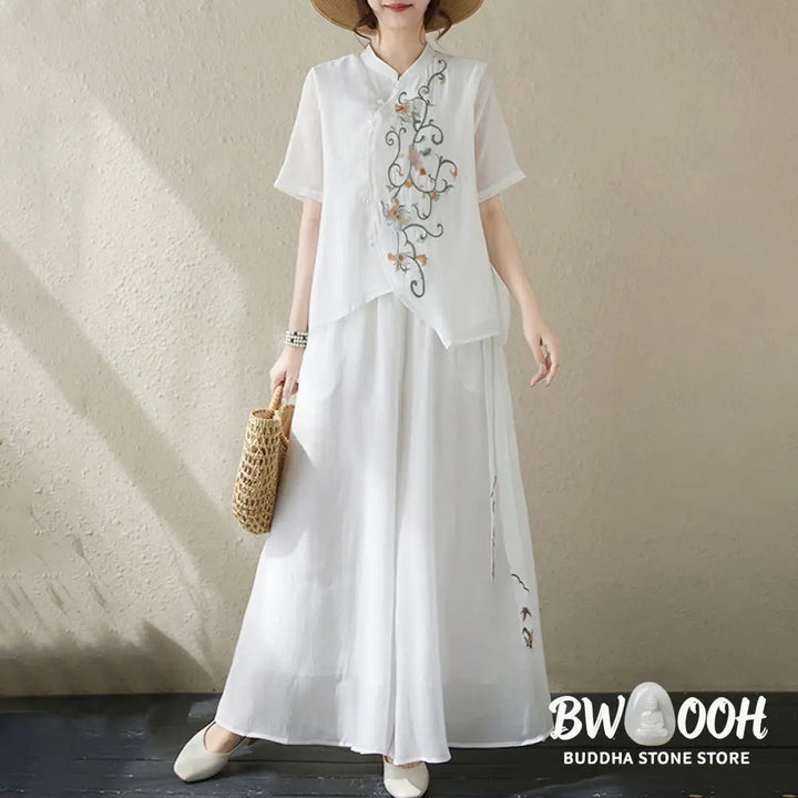 BWOOOH 2Pcs Flower Embroidery Short Sleeve Tee T-shirt Wide Leg Pants Set - 2-Piece Outfit