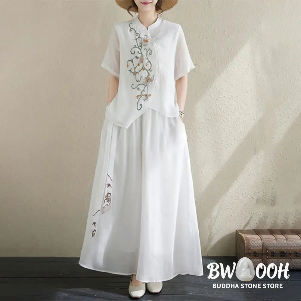 BWOOOH 2Pcs Flower Embroidery Short Sleeve Tee T-shirt Wide Leg Pants Set - 2-Piece Outfit