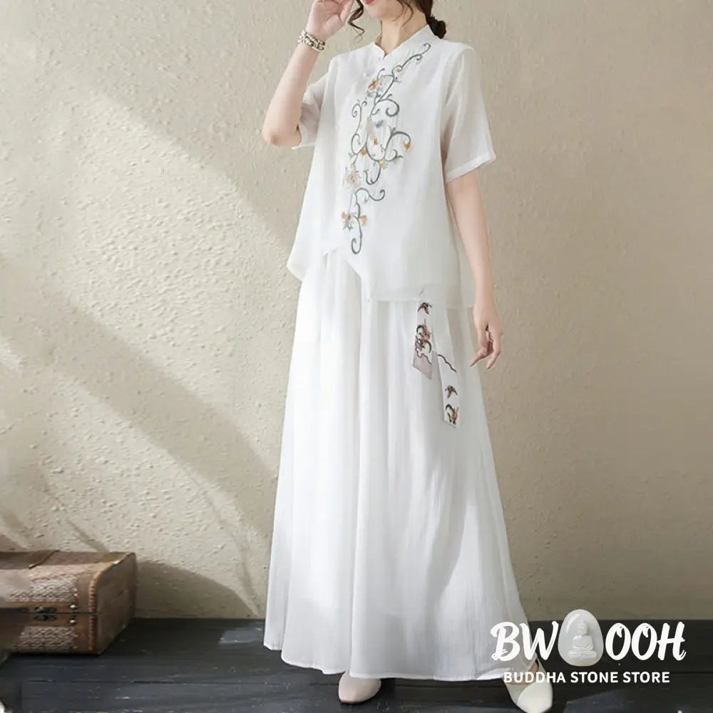 BWOOOH 2Pcs Flower Embroidery Short Sleeve Tee T-shirt Wide Leg Pants Set - 2-Piece Outfit