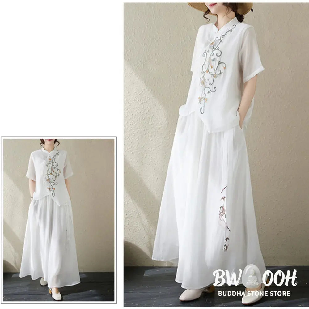 BWOOOH 2Pcs Flower Embroidery Short Sleeve Tee T-shirt Wide Leg Pants Set - 2-Piece Outfit