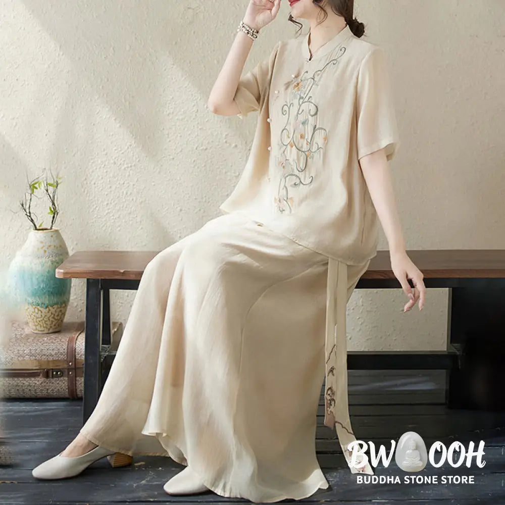 BWOOOH 2Pcs Flower Embroidery Short Sleeve Tee T-shirt Wide Leg Pants Set - 2-Piece Outfit