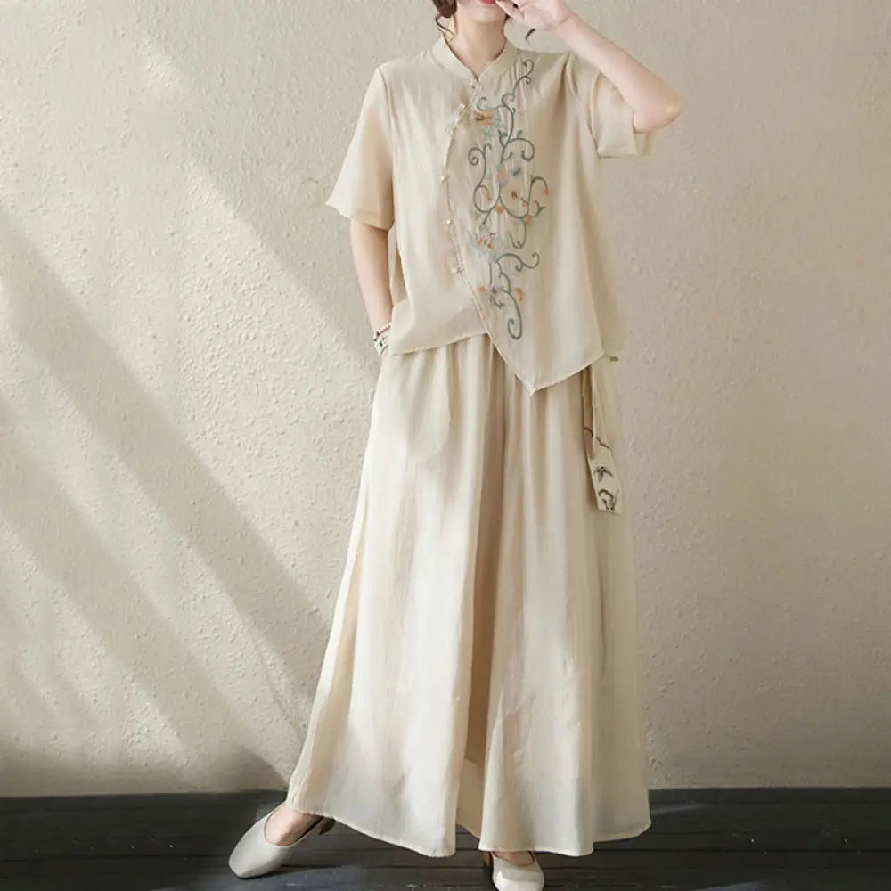 BWOOOH printed wide-leg yoga pants - 2Pcs Flower Embroidery Short Sleeve Tee 