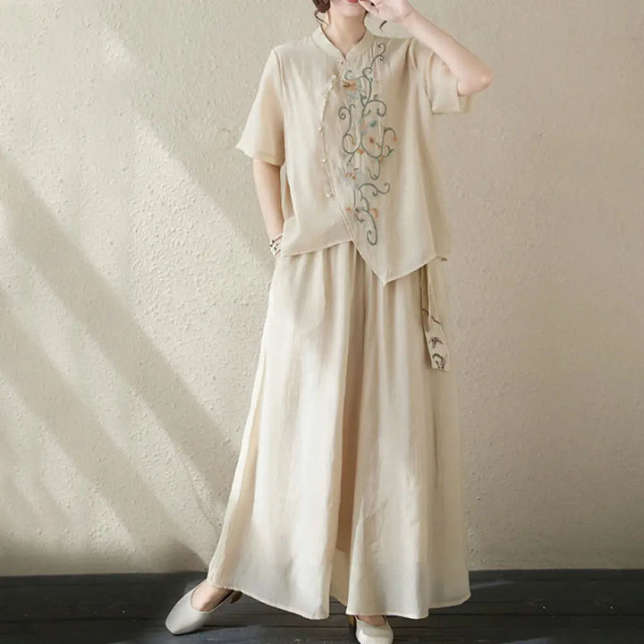 BWOOOH printed wide-leg yoga pants - 2Pcs Flower Embroidery Short Sleeve Tee 