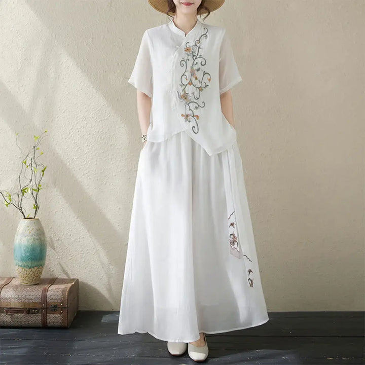 BWOOOH 2Pcs Flower Embroidery Short Sleeve Tee T-shirt Wide Leg Pants Set - White(Top&amp;Pants) / US2，UK/AU6，EU34 (M)