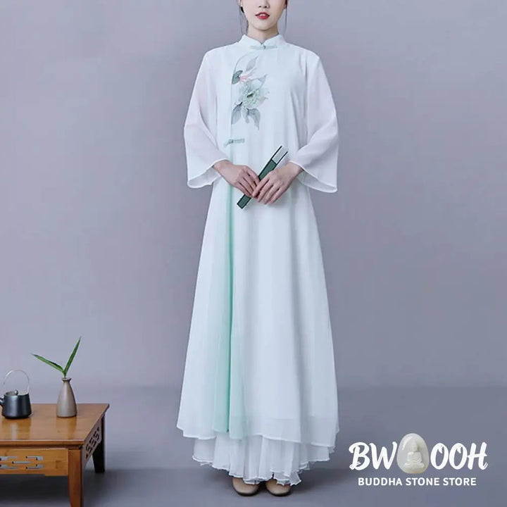 BWOOOH 2Pcs Flower Three Quarter Sleeve Midi Dress Skirt Chiffon Zen Clothing Women’s Set - Women’s Meditation Cloth