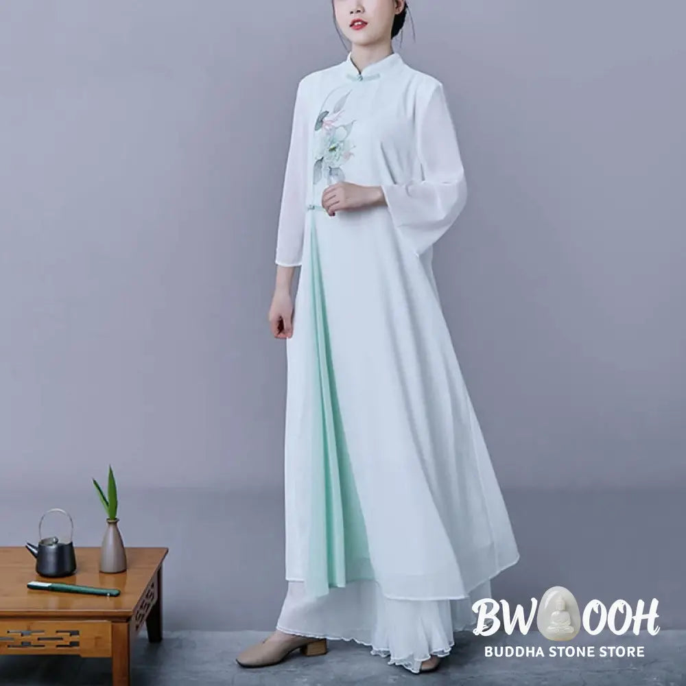 BWOOOH 2Pcs Flower Three Quarter Sleeve Midi Dress Skirt Chiffon Zen Clothing Women’s Set - Women’s Meditation Cloth
