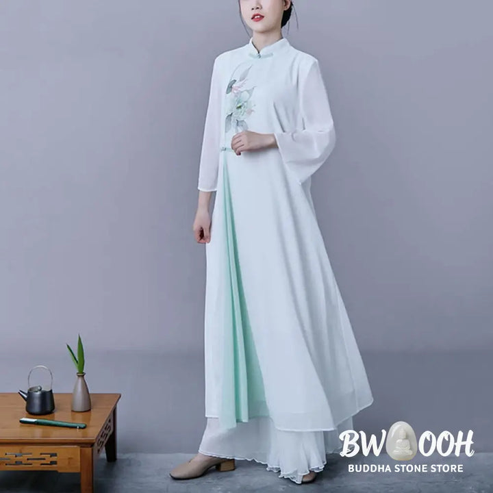 BWOOOH 2Pcs Flower Three Quarter Sleeve Midi Dress Skirt Chiffon Zen Clothing Women’s Set - Women’s Meditation Cloth