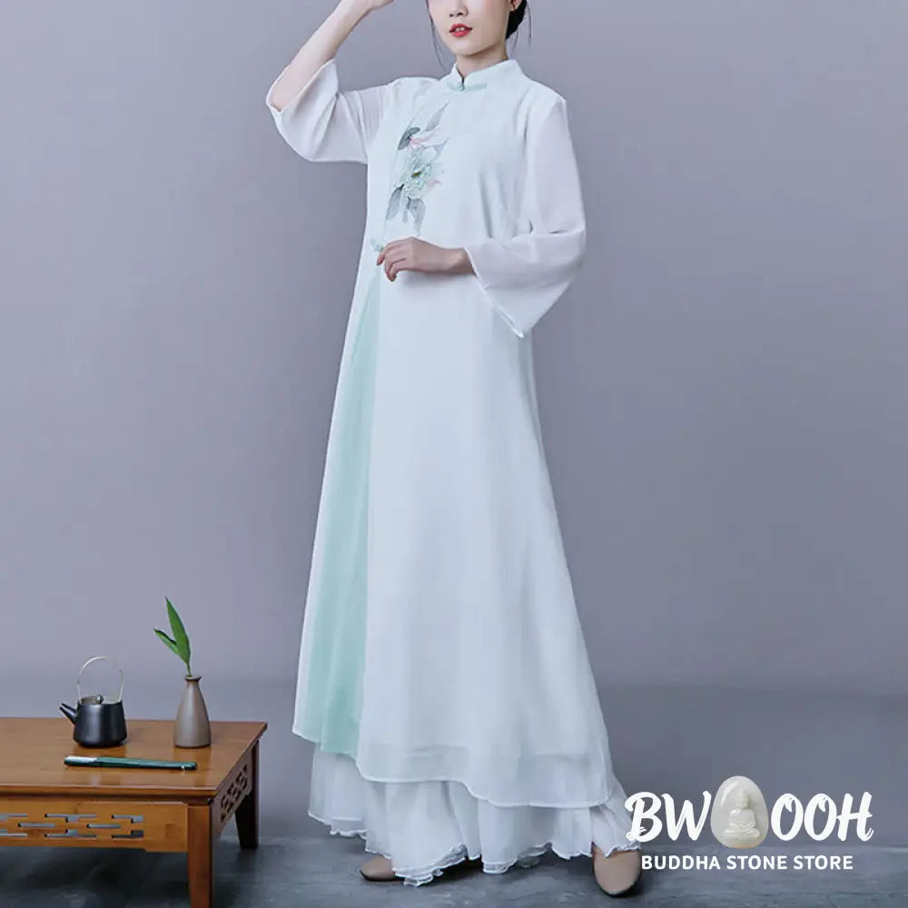 BWOOOH 2Pcs Flower Three Quarter Sleeve Midi Dress Skirt Chiffon Zen Clothing Women’s Set - Women’s Meditation Cloth