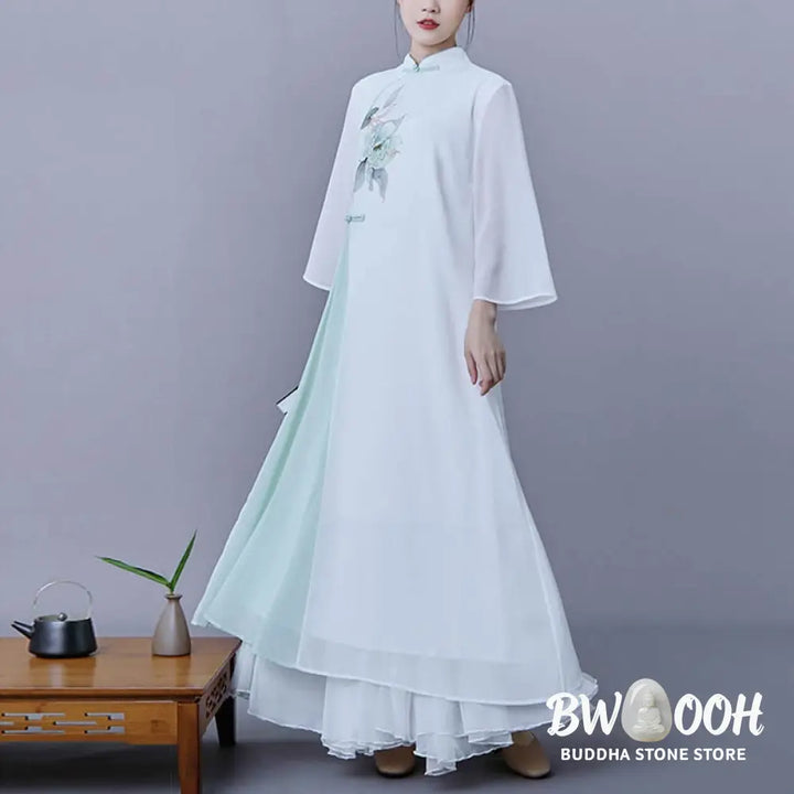 BWOOOH 2Pcs Flower Three Quarter Sleeve Midi Dress Skirt Chiffon Zen Clothing Women’s Set - Women’s Meditation Cloth