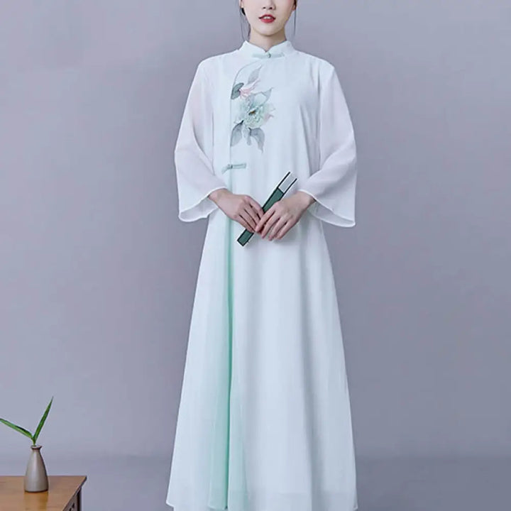 BWOOOH 2Pcs Flower Three Quarter Sleeve Midi Dress Skirt Chiffon Zen Clothing Women’s Set - Dress(Dress Only) / L(Fit
