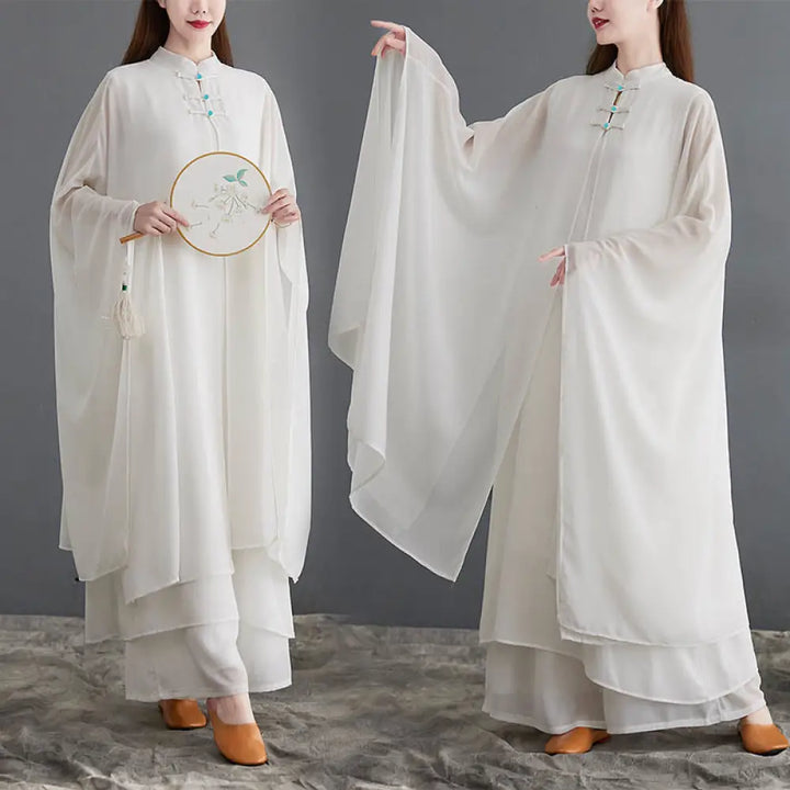 BWOOOH 2Pcs Frog-Button Long Sleeve Midi Dress Wide Leg Pants Chiffon Zen Women’s Set - Women’s Meditation Cloth