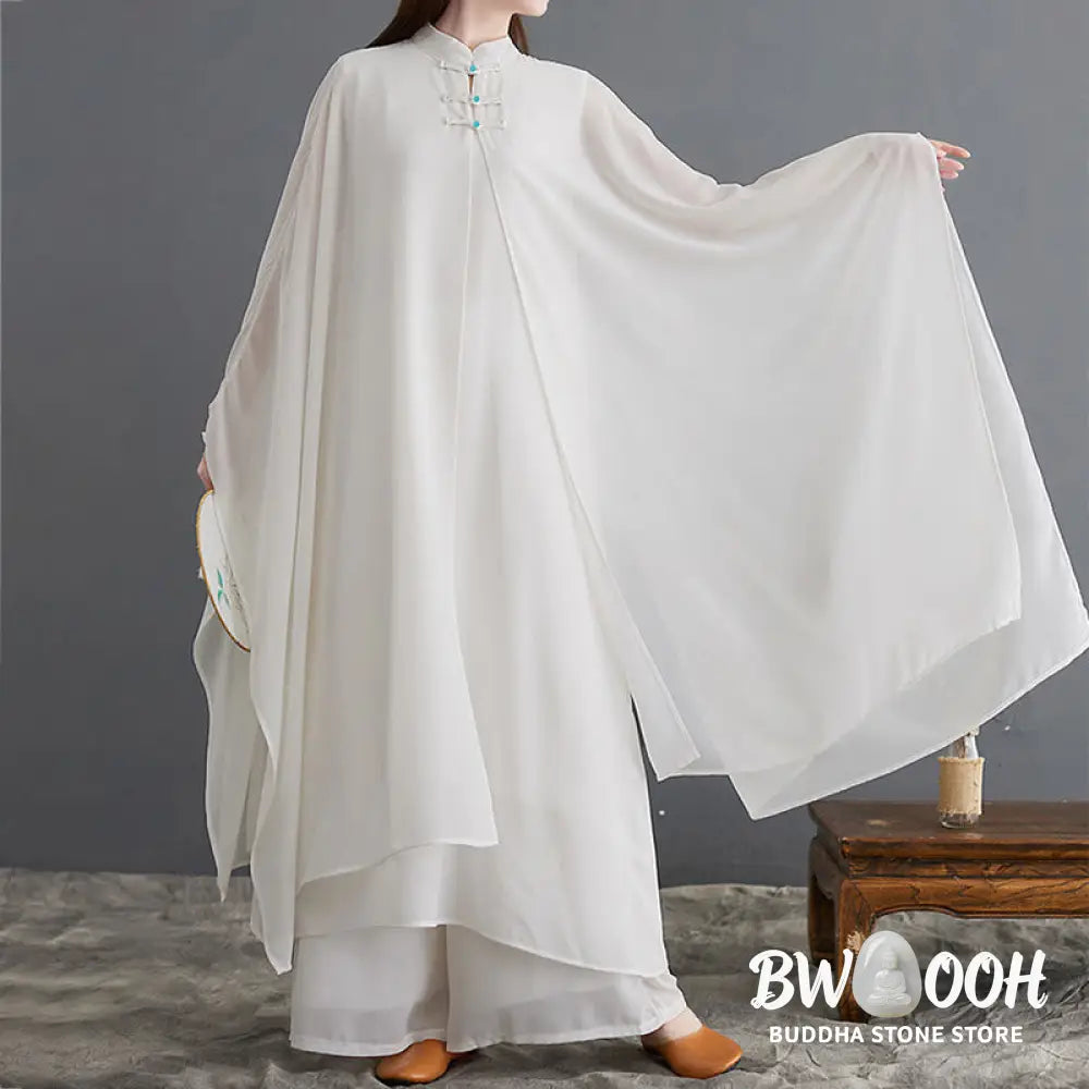 BWOOOH 2Pcs Frog-Button Long Sleeve Midi Dress Wide Leg Pants Chiffon Zen Women’s Set - Women’s Meditation Cloth
